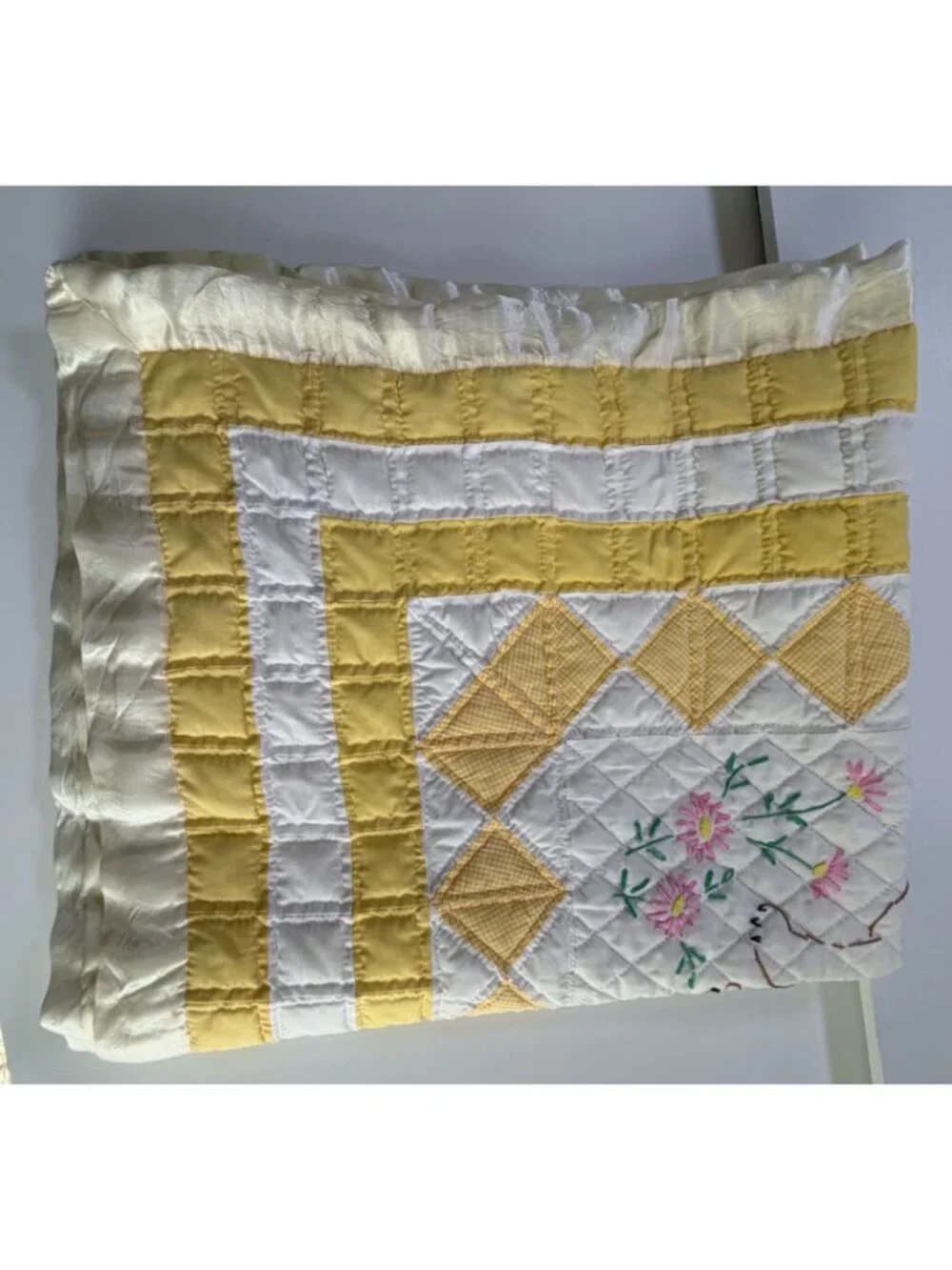 Vintage Handmade Baby Quilt Embroidered Cat Kitten Blanket Satin Yellow White